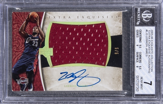 2005-06 UD "Exquisite Collection" Extra Exquisite Autographs #LJ3 LeBron James Signed Game Used Patch Card (#5/5) - BGS NM 7/BGS 10